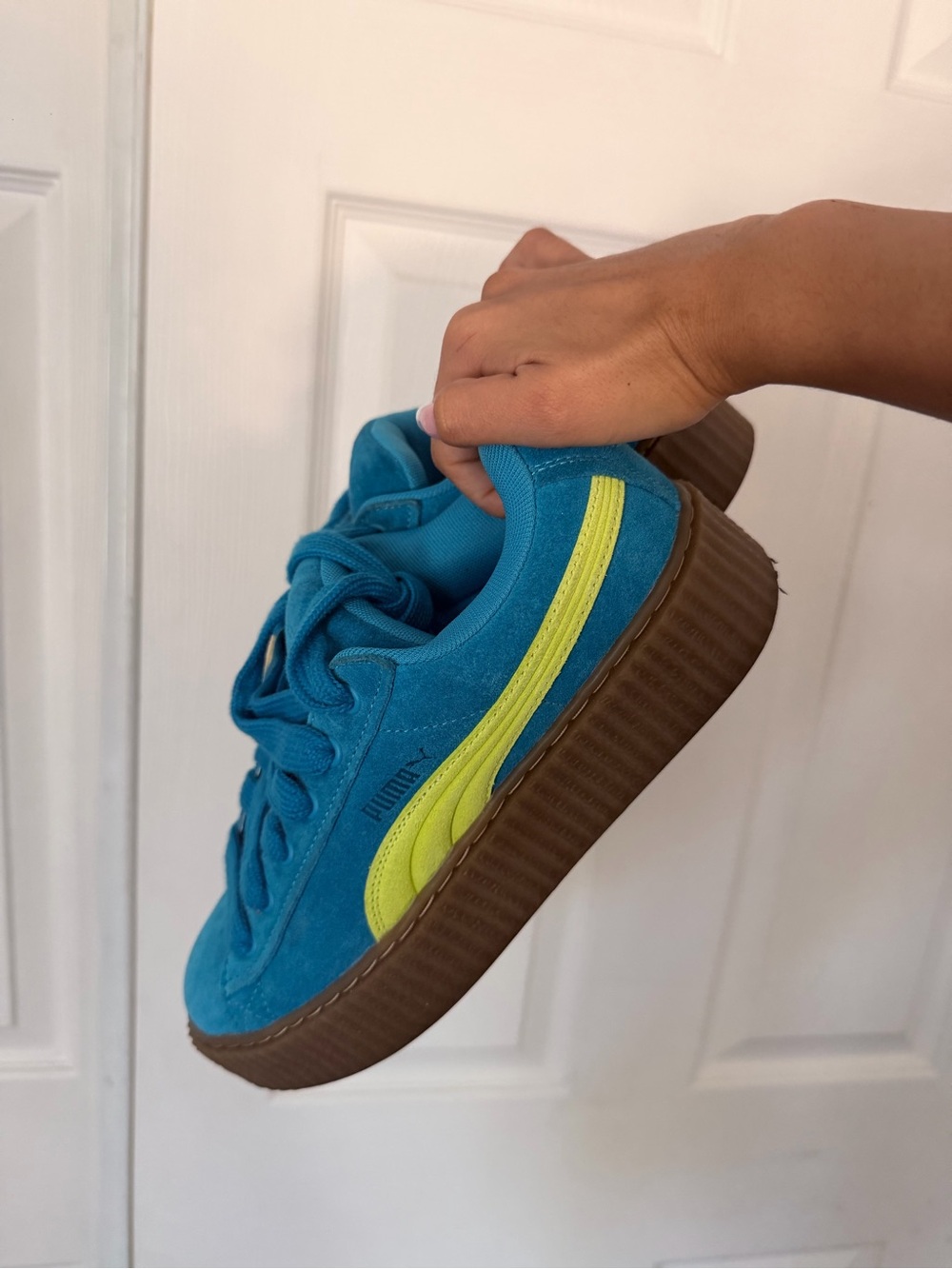 Puma FENTY Blue Suede Sneakers with Neon Yellow Stripe and Brown Platform Sole